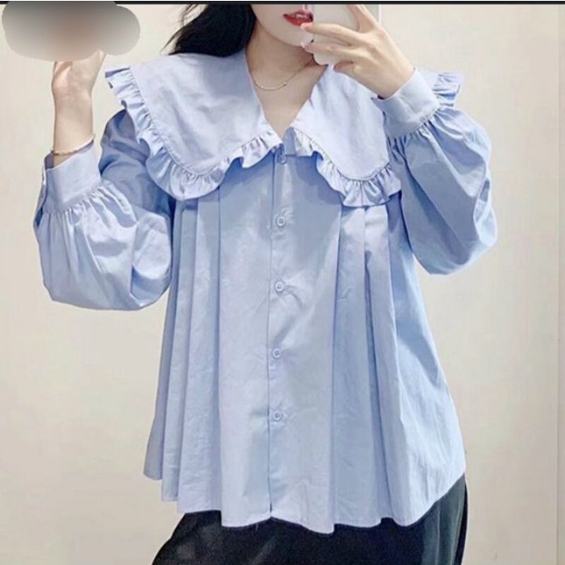 Áo sơ mi tiểu thư cổ bèo vành to Dễ Thương