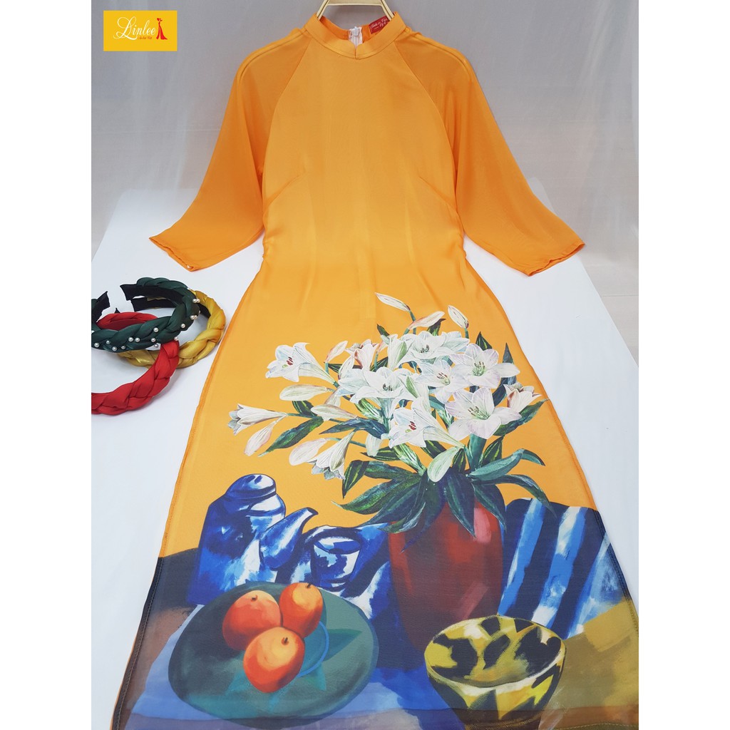 Áo dài nữ Linlee - Áo dài hoa tơ óng màu cam in họa hoa hiện đại size S M L XL
