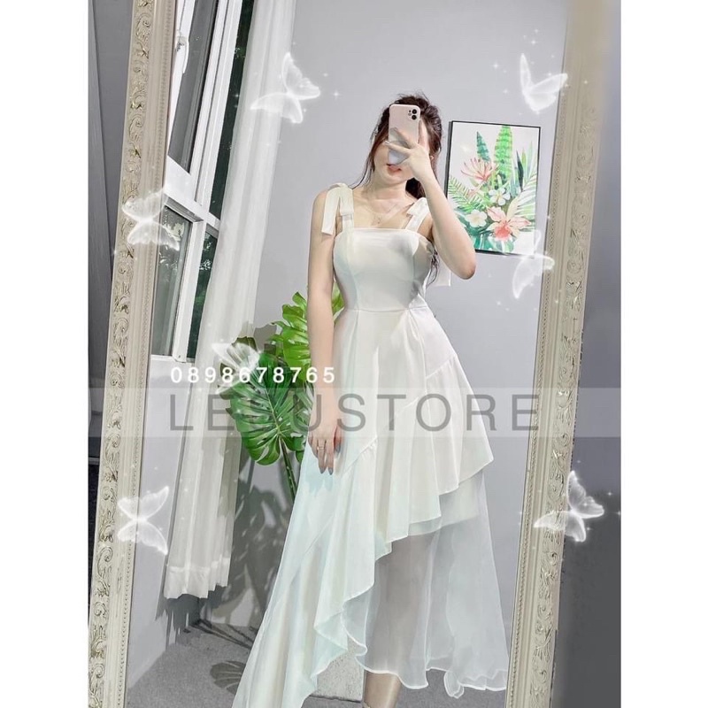 Váy đầm trắng xòe vintage đầm hai dây cúp phối lưới vạt xéo vai cột nơ form dài V0059 màu trắng đen Hadi Dress