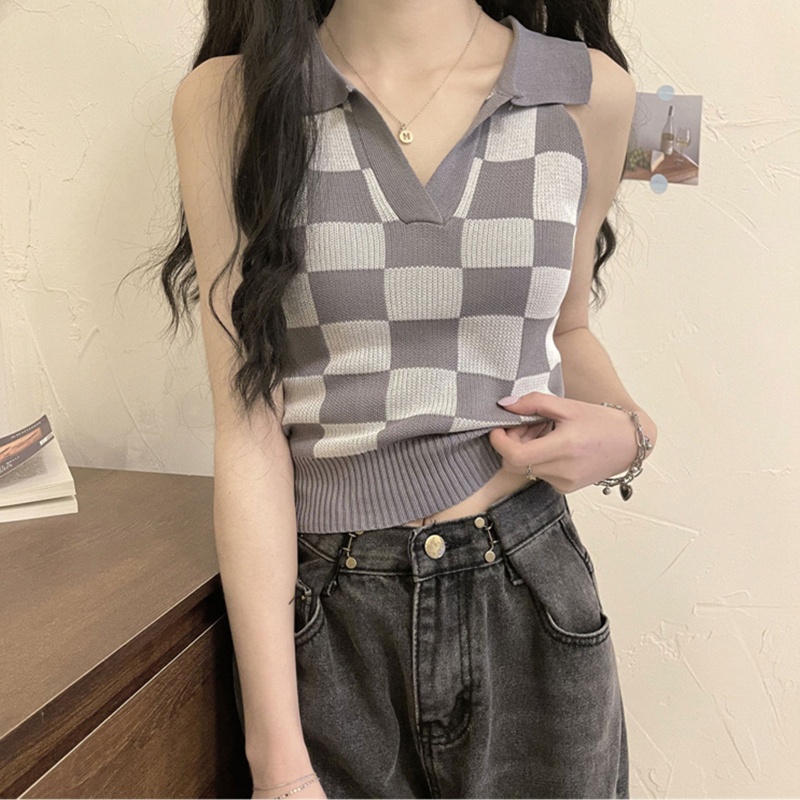 Áo Croptop Dệt Kim Sát Nách Cổ Chữ V Kẻ Sọc Caro Gợi Cảm Cho Nữ