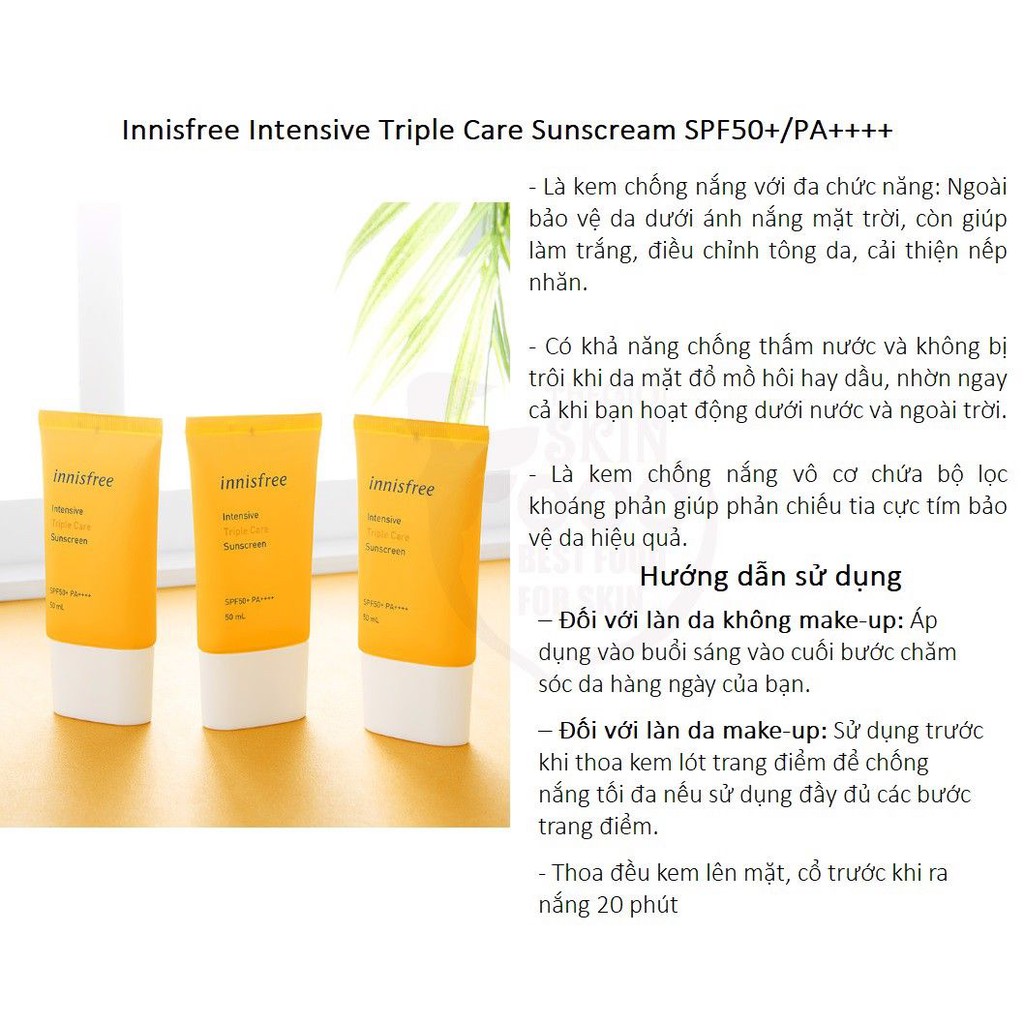 Kem Chống Nắng Chống Trôi, Điều Chỉnh Tông Da Innisfree intensive Triple Care Sunscreen 50mL