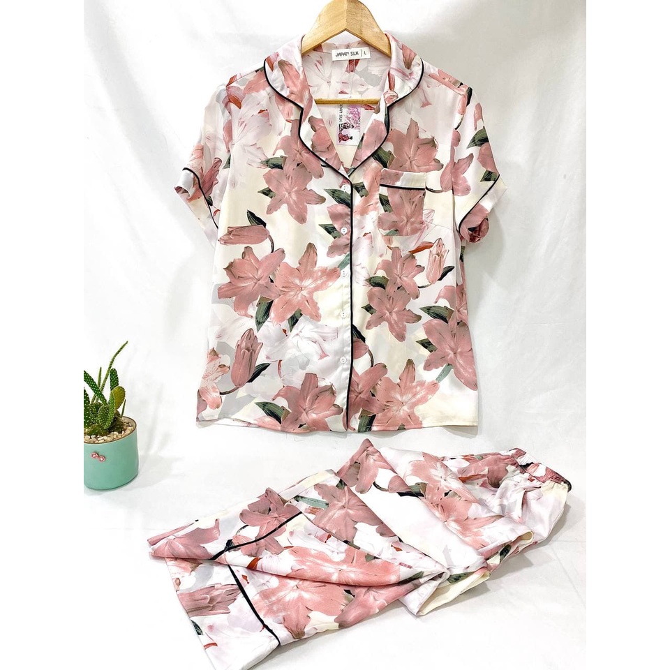 Đồ Ngủ Lụa Satin Nhật Pijama Ngắn Tay Họa tiết Cành Hồng Đá Vintage Trang Nhã JAPAN SILK Chính Hãng
