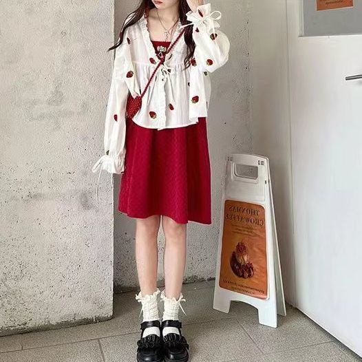 One Set Đầm Hai Dây In Hình Dâu Tây + Áo Sơ Mi Dáng Chữ A Không Tay Xinh Xắn Dành Cho Nữ