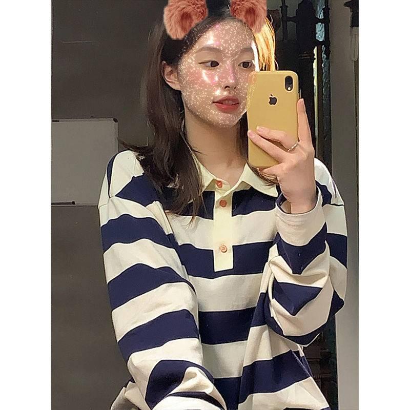 Áo polo tay dài dáng rộng họa tiết kẻ sọc phong cách vintage thời trang xuân thu cho nữ