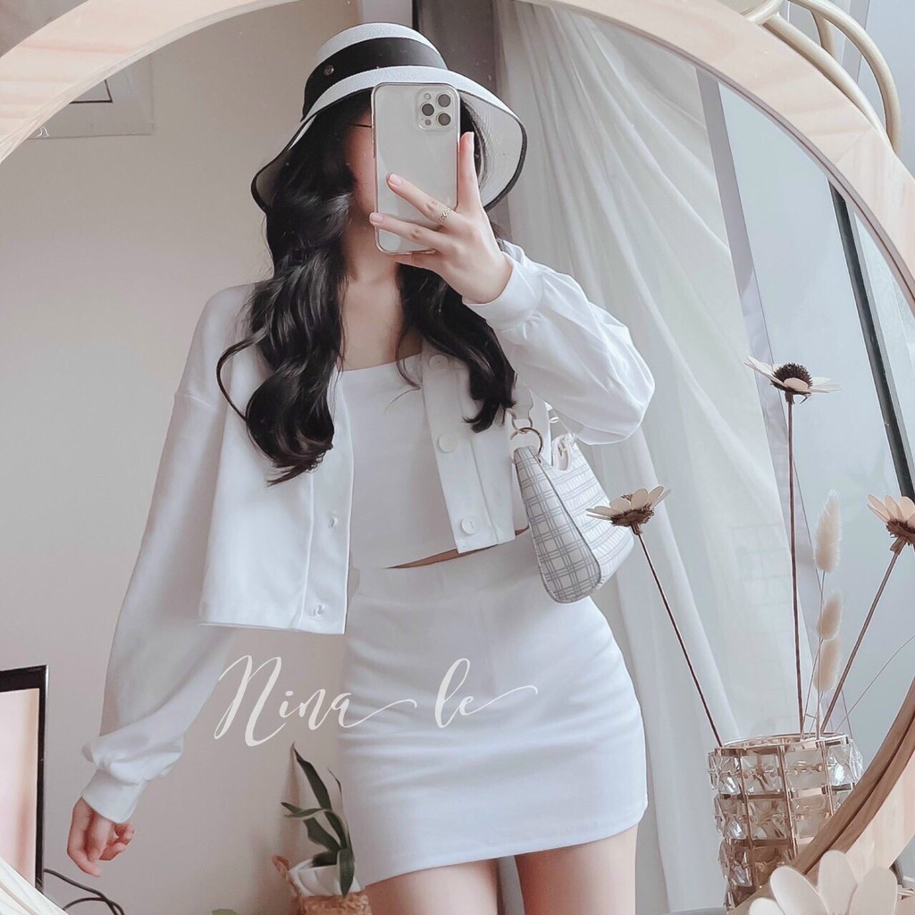 Set bộ 3 món siêu đáng yêu áo trong có mút áo khoác ngắn tay dài và chân váy ngắn xinh xắn thời trang Bella Luu Shop