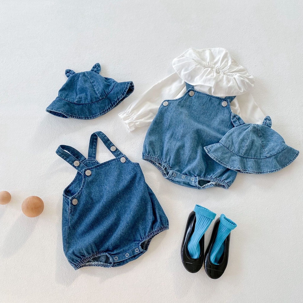 Bộ 3 Món Áo Liền Quần + Nón + Áo Khoác Denim Thời Trang Mùa Thu 2023 Cho Bé
