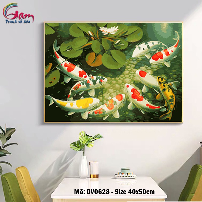 Tranh tô màu theo số Gam 🎨CHUẨN MÀU🎨 Cá chép cá Koi Liên niên hữu dư Cửu ngư quần hội