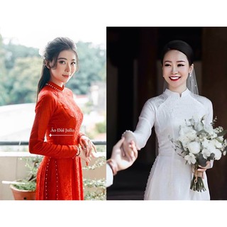 Áo dài cưới áo dài cô dâu gấm tơ 4 tà kết cúc ngọc thủ công cao cấp