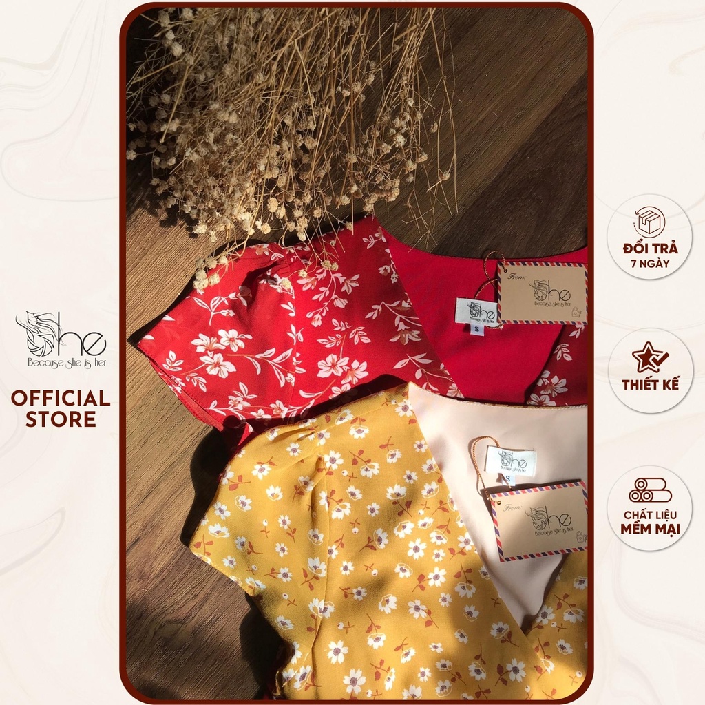 Đầm nữ hoa nhí wrap chéo She, váy nữ dáng wrap cổ V phối bèo sang trọng SDX93