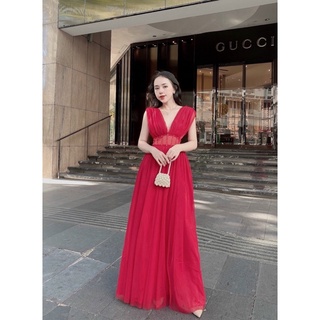 Đầm maxi sát nách lưới phồng dự tiệc / Đỏ