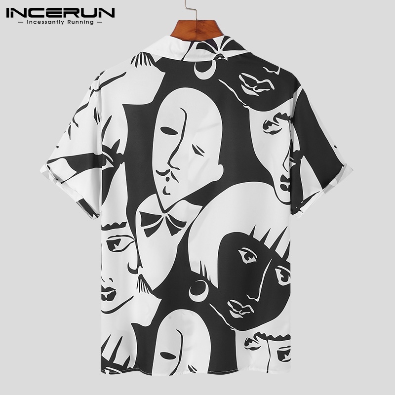 Áo sơ mi INCERUN tay ngắn cổ lật họa tiết nghệ thuật thời trang dành cho nam