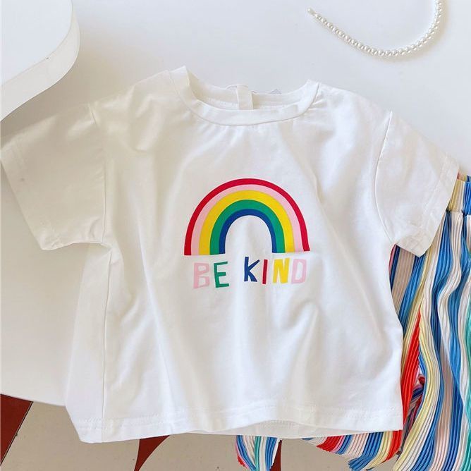 Set Đồ Mùa Hè 2 Món Gồm Áo Thun Tay Cộc Và Quần Dài Xếp Ly Màu Cầu Vồng Phong Cách Hàn Quốc