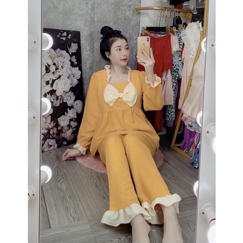 ĐỒ Ngù Pijama Quần Dài-Tay Dài mẩu nơ cute Bộ Mặc Nhà Kate Thái Cao Cấp Hàng Loại 1 Mềm Mại,  Thầm Hút Mồ Hôi 40ky-60ky