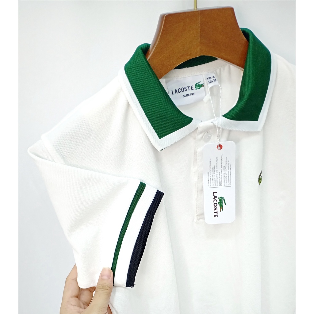 ÁO THUN CỔ TRỤ LACOSTE TRẮNG XANH LÁ VNXK   - COTTON CÁ SẤU 100%