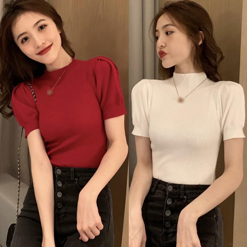Áo Thun Dệt Kim Tay Phồng Cổ Lọ Màu Trơn Dáng Ôm Thời Trang Cho Nữ