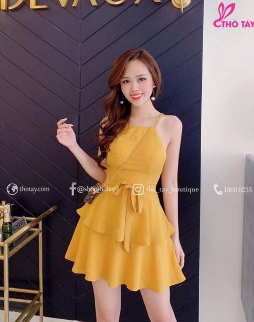 Đầm xòe 2 tầng cổ yếm cột nơ eo siêu xinh + Ảnh thật