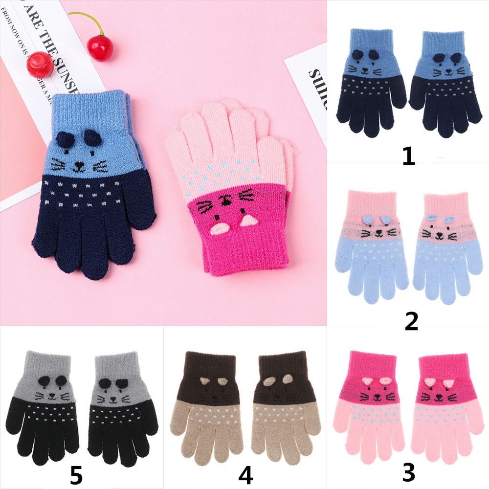 Đôi găng tay đan len dày giữ ấm mùa đông in hình mèo hoạt hình đáng yêu cho bé 0-3 tuổi