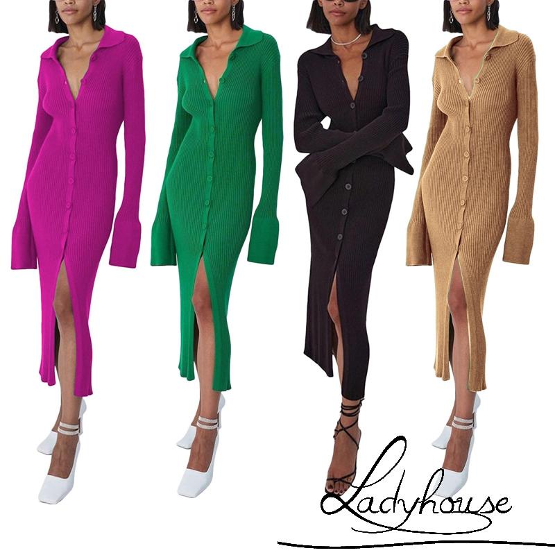 Ld-đầm Cổ Bẻ Một Mảnh Tay Dài Màu Trơn Thời Trang Xuân Thu Dành Cho Nữ Size S/M/L