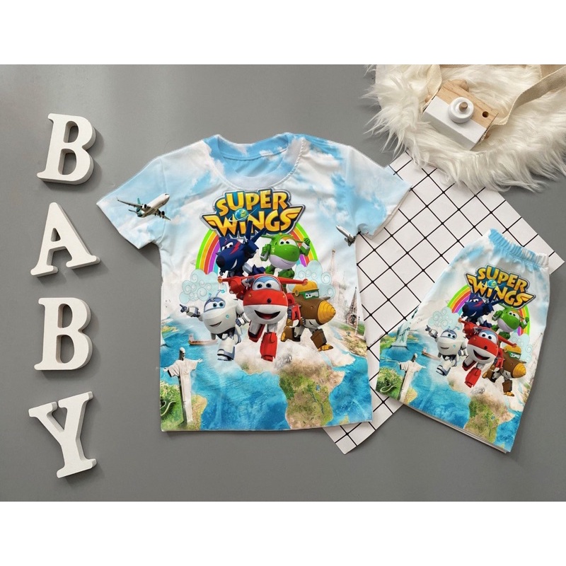 Quần áo bé trai bé gái Super Wings thun lạnh thái in 3D 10-60kg