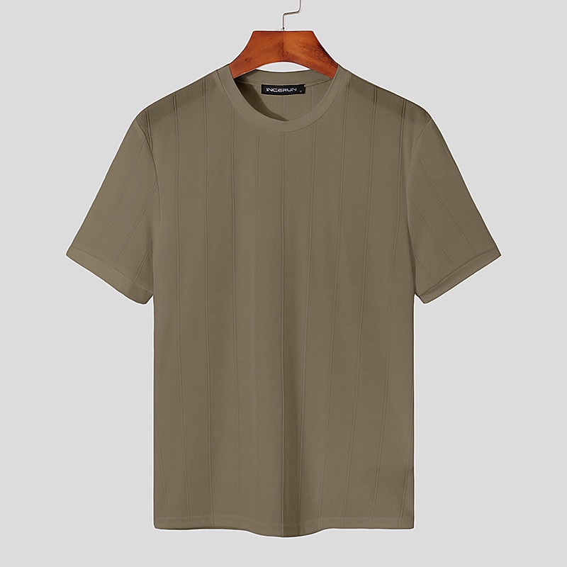 Áo thun INCERUN ngắn tay cổ tròn họa tiết kẻ sọc 3 màu tùy chọn thời trang cho nam