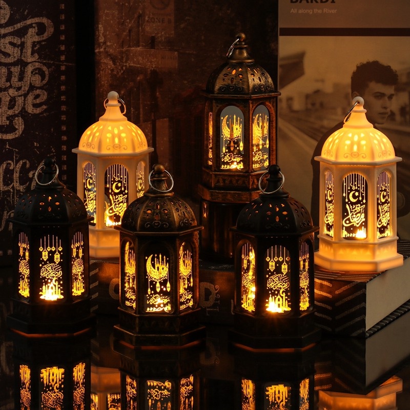 Eid Mubarak Ramadan Đèn LED Vàng Có Tay Cầm Trang Trí Ban Đêm Hình Đèn Lồng Hồi Giáo Ấm Áp Có Tay Cầm