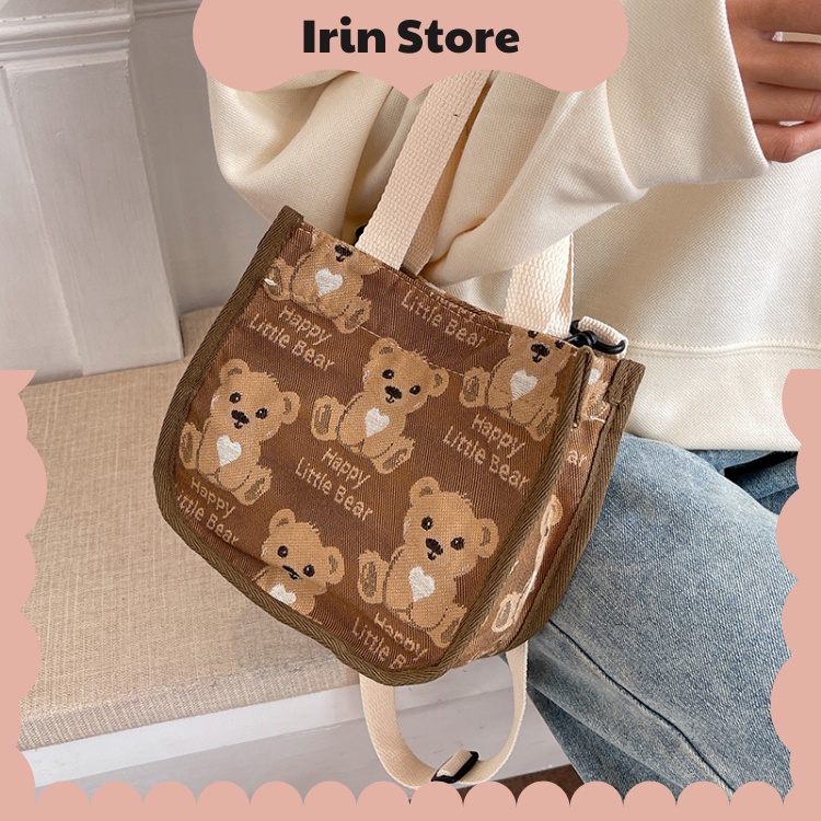 Túi đeo chéo nữ vải bố mini họa tiết gấu Ulzzang, túi tote dễ thương cho nữ