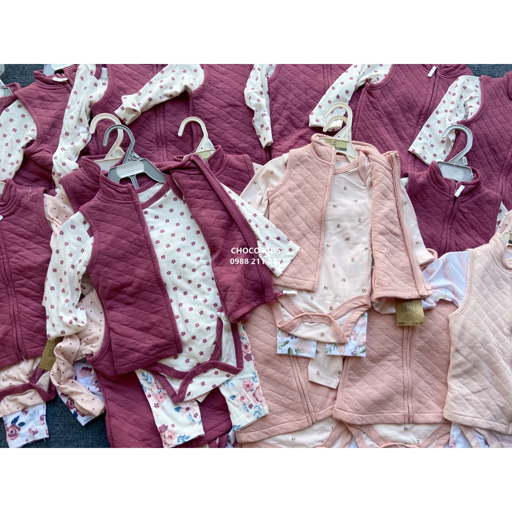 Set 3 chi tiết body kèm áo gile nguyên móc xuất xịn bé sơ sinh