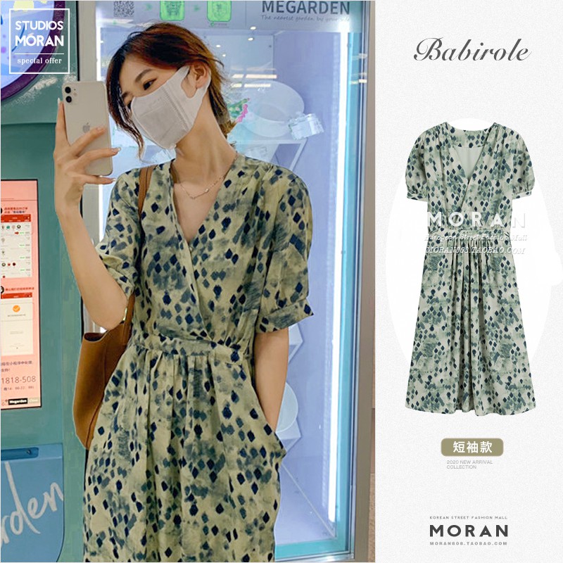 (ORDER) Váy MORAN hoa xanh cổ điển cổ V thắt eo xòe dài vintage kiểu Pháp nhẹ nhàng (NEW_HOT)