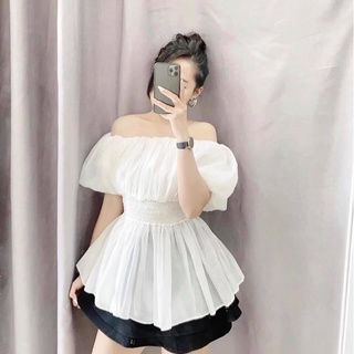 Áo bẹt vai voan tơ bo eo