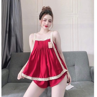 Đồ bộ ngủ mặc nhà nữ 2 dây cổ vuông  phối ren VAYO chất lụa quần ngắn dễ thương thoáng mát V08