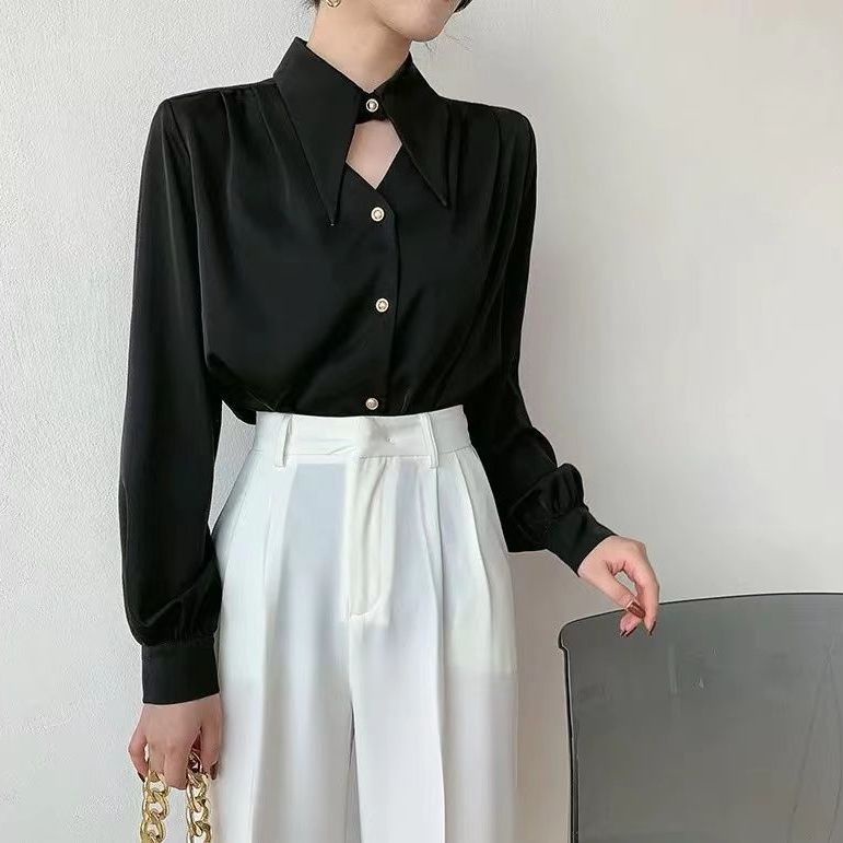 Áo sơ mi cổ V bằng lụa satin có 4 màu thiết kế đơn giản phong cách Hồng Kông dành cho nữ
