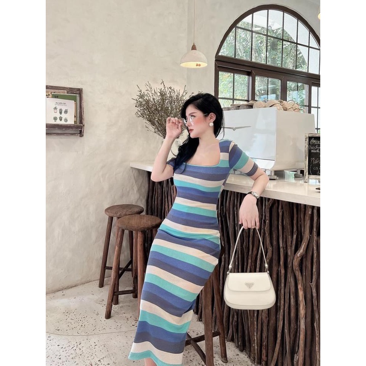 Đầm Body Sọc Ngang Cổ Vuông Thun Lạnh