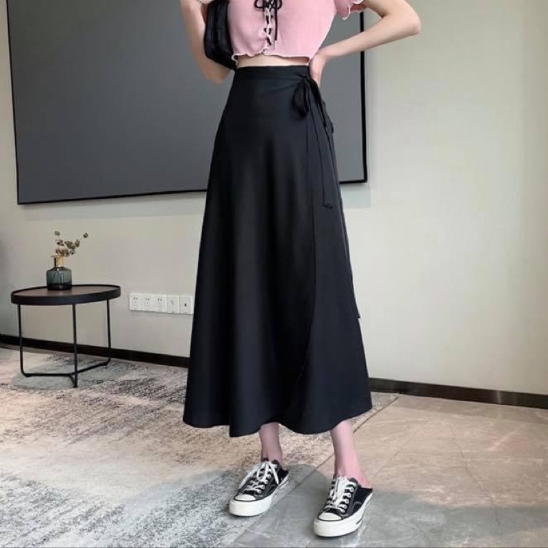 Chân váy dài midi xẻ tà vạt đắp chéo thắt nơ eo trơn voan lụa - Order taobao quảng châu