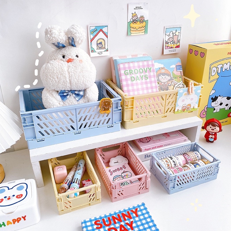 Rổ Nhựa Mini Gấp Gọn Đựng Đồ, Đựng Sticker, washi Để Bàn Trang Trí