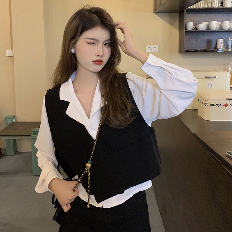 Set áo sơ mi tay dài và áo khoác không tay thiết kế mới thời trang theo phong cách vintage dành cho nữ