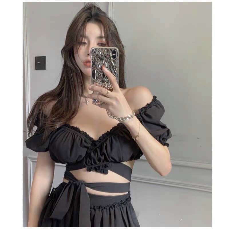 Áo Croptop Cổ V Ôm Body Dây Dài Thắt Eo Có Mút Ngực Đen Trắng Hồng DRACR154