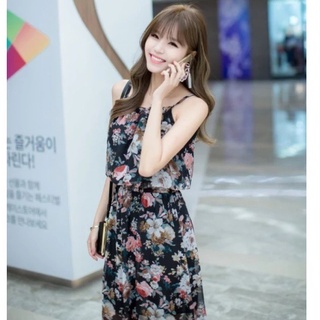 Đầm Maxi 2 Dây Họa Tiết Hoa (Đen)