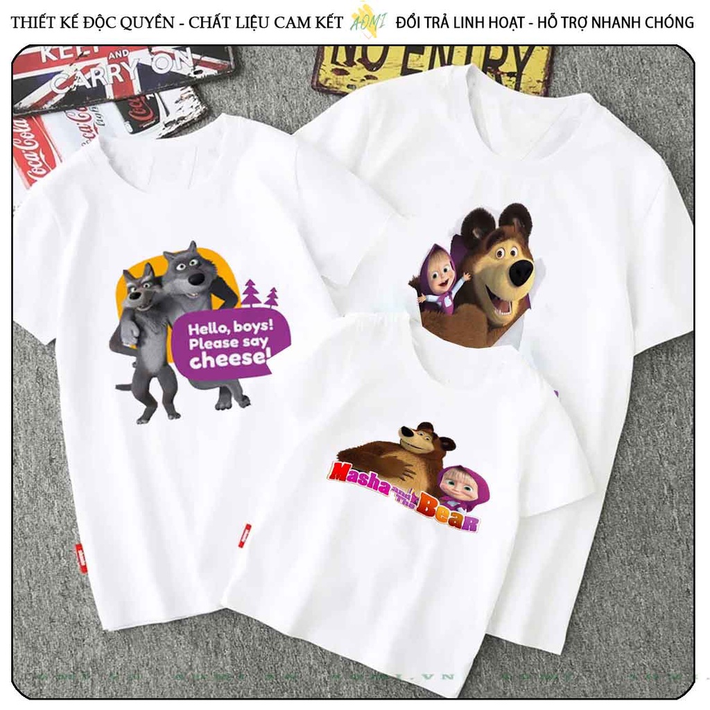 ÁO THUN UNISEX masha and bear gấu nâu PHÔNG TRẮNG TAY NGẮN NAM NỮ GIA ĐÌNH CẶP ĐÔI SIZE TRẺ EM BÉ TRAI GÁI AOMIVN