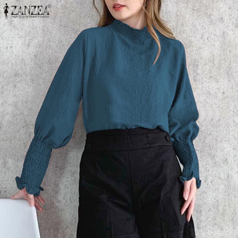 Áo kiểu Zanzea tay dài cổ đứng màu trơn thiết kế xếp ly phong cách vintage thời trang cho nữ
