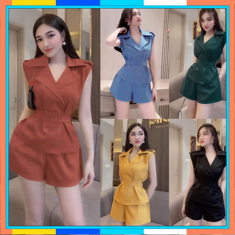 Set Đồ Nữ 💝FREESHIP💝 Set nguyên bộ quần short lưng thun áo cổ vest kèm belt rời J1168