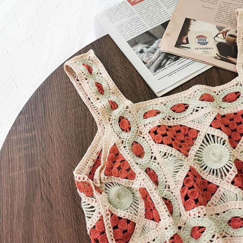 Xiangbao Áo Crop Top Dệt Kim Không Tay Họa Tiết Hình Học Rỗng Kiểu Bohemian Mùa Hè Vintage Cho Nữ