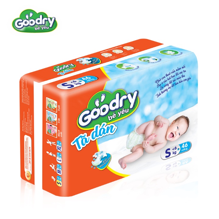 Tã dán Goodry S46/M42/L38/XL34 - Công nghệ Nhật Bản, Màng đáy thoáng khí 100% ngăn ngừa hăm tã