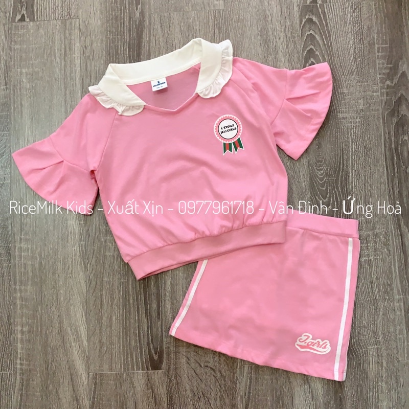 Bộ hè cotton cho bé gái màu hồng viền trắng xuất Hàn