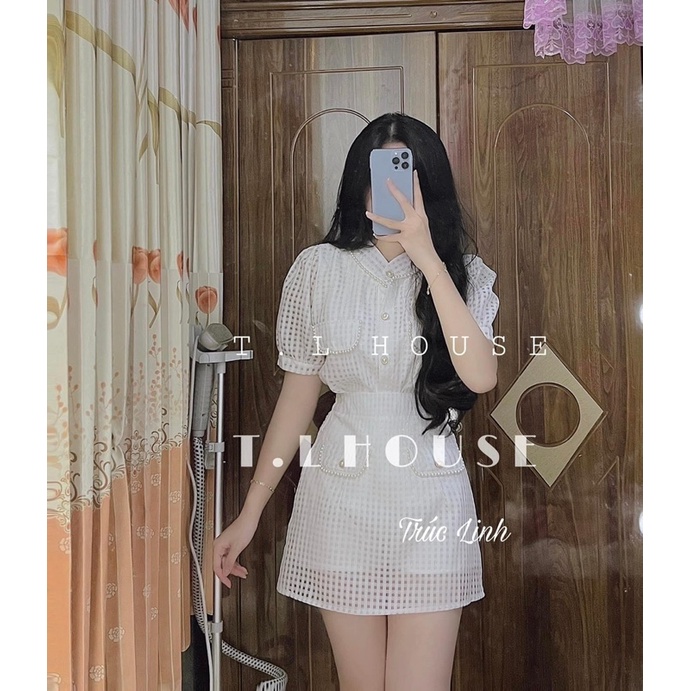 set áo sơ mi cúc ngọc phối chân váy chữ A
