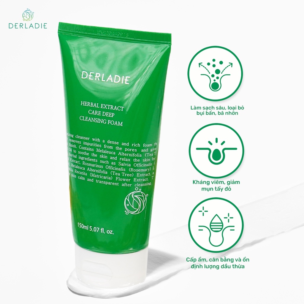 Sữa Rửa Mặt Tràm Trà Sạch Sâu, Kiềm Dầu Derladie Herbal Extract Care Deep Cleansing Foam 150ml