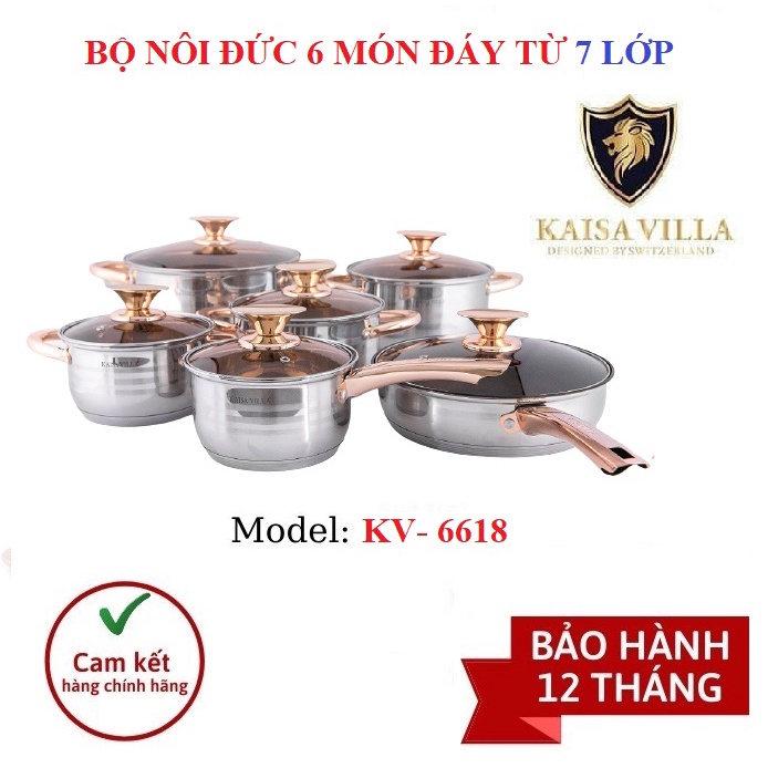 BỘ NỒI INOX VUNG KÍNH KAISA VILLA 6 MÓN 12 CHI TIẾT TAY CẦM TRÁNG MEN CHỐNG DÍNH [KV-6618]