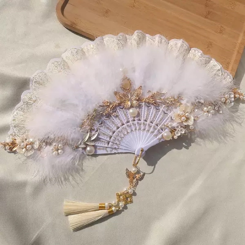 YASLC0113-Quạt lolita gắn lông phối tua rua