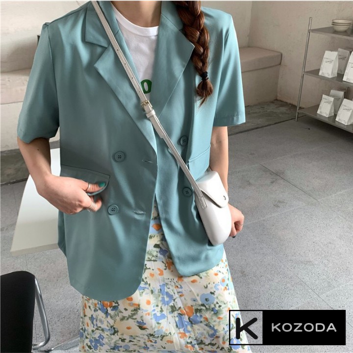 Áo blazer cộc tay túi nắp nữ áo vest khoác ngoài phong cách hàn quốc màu đen trắng xanh tím nâu 1 lớp kozoda AK3