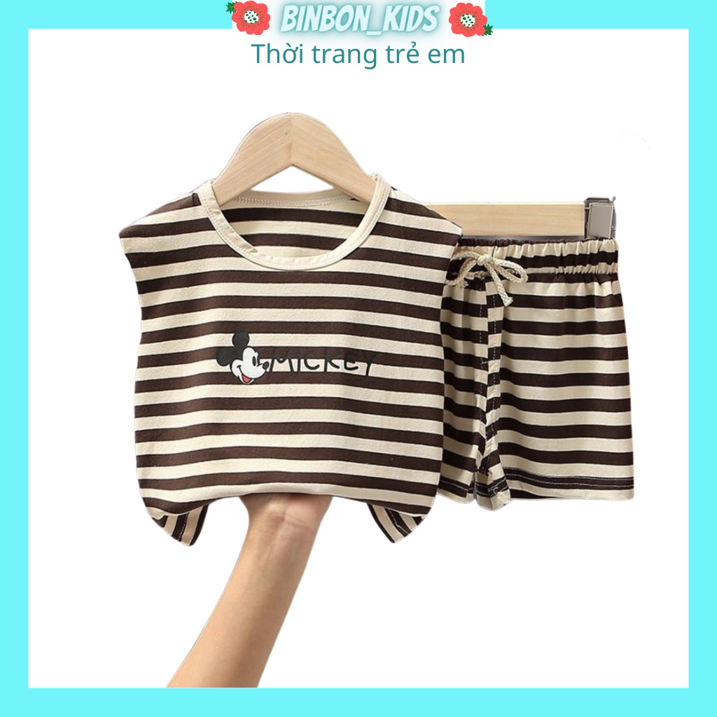 Bộ sát nách cho bé binbon kids, bộ ba lỗ cho bé trai bé gái chất thun cotton kẻ ngang Mickey cho bé từ 7-25kg