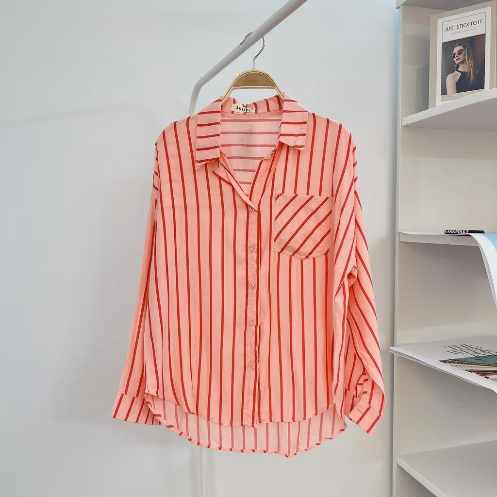 Áo Sơ Mi Nữ Sọc Nhỏ Phong Cách Hàn Quốc Xinh Xắn Tay Dài Form Rộng, Sơ Mi Công Sở Nữ Freesize SUBICI